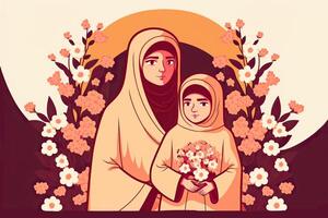 illustration de magnifique arabe femme avec sa fille dans hijab, floral décoré sur Contexte. concept de de la mère journée. établi par génératif ai technologie. photo
