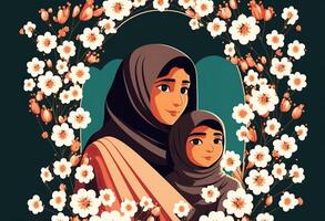 illustration de jolie arabe femme avec sa fille dans hijab, floral décoré sur sarcelle Contexte. concept de de la mère journée. établi par génératif ai technologie. photo