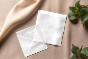 blanc papier carte, enveloppe maquette plat allonger et vert feuilles sur brillant froissé en tissu texture arrière-plan, génératif ai. photo