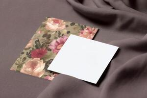 Haut vue de floral carte maquette sur couverture grain texture arrière-plan, génératif ai. photo