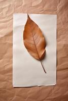 Haut vue de Vide blanc papier feuille maquette et marron feuille sur froissé kraft papier Contexte. génératif ai. photo