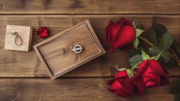 Haut vue de rouge des roses floral et bijoux boîte sur en bois tableau. générateur ai. photo