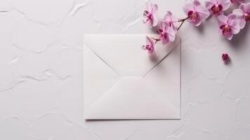 aérien vue de mariage ou un événement carte enveloppe avec orchidée fleur branche sur blanc Contexte et espace pour message. génératif ai. photo