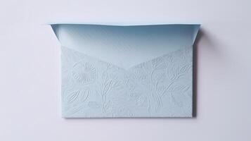 personnalisé pastel bleu floral en relief luxe mariage ou un événement carte, enveloppe établi par génératif ai. photo