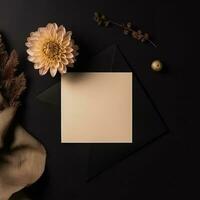 Haut vue de luxe mariage Vide invitation carte avec beige chrysanthèmes fleur et d'or en tissu sur noir Contexte . génératif ai. photo