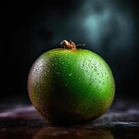 plusieurs des valeursfrappantes la photographie de vert kiwi avec l'eau gouttes sur foncé Contexte. génératif ai. photo