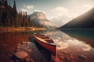 canoë flottant sur une serein Montagne Lac entouré par grand pin des arbres sur une paisible Matin. ai généré photo