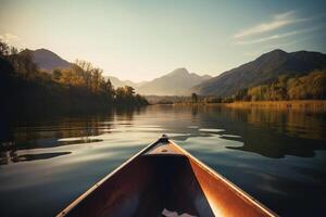 canoë flottant sur une serein Montagne Lac entouré par grand pin des arbres sur une paisible Matin. ai généré photo