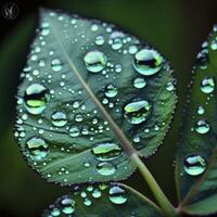 l'eau avec gros gouttes reflète ses alentours. gouttes de pluie sur une plante feuille dans la nature Photos de printemps. Contexte avec bokeh dans nuances de turquoise et vert ,ai généré.