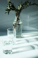une verre vase avec une vert plante et deux des lunettes de l'eau sur une blanc tableau. photo