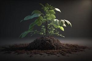 plante croissance dans ferme sol ou forêt avec lumière du soleil à jour. Jeune plante est croissance. monde Terre journée. monde environnement journée. Terre conservation, écologie ou global chauffage par ai généré photo