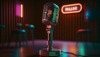 en chantant le nuit une façon Années 80 microphone dans une néon-bar ai généré photo