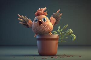 énergique poulet sauts sur fleur pot avec excitation ai généré photo