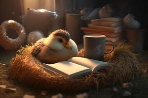 confortable poulet en train de lire une livre dans une paille nid dans une bien éclairé Grange ai généré photo