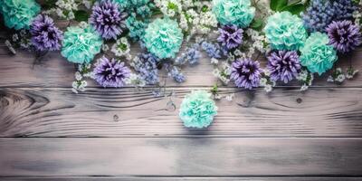 bleu fleurs sur lumière en bois Contexte ai généré photo