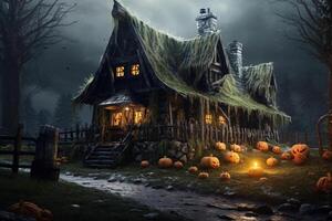 hanté maison sur Halloween fête concept. effrayant maison Halloween Contexte avec déserté bâtiment et citrouille. effrayant maison avec terrifiant bâtiment à nuit par ai généré photo