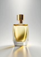 une haute classe bouteille de verre parfum avec Jaune liquide. aromatique parfum bouteilles sur blanc Contexte. pour beauté produit, cosmétique, parfum jour, fragrance journée ou parfum lancement un événement par ai généré photo