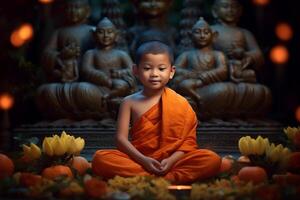 une Jeune Bouddha est assis dans une jardin avec une lotus et bougies. Contexte pour vesak Festival fête. vesak journée concept. vesak fête journée salutations par ai généré photo