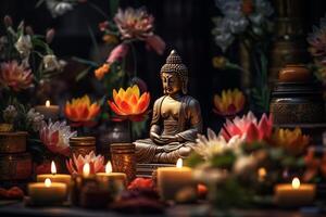 une Bouddha est assis dans une jardin avec une lotus et bougies. Contexte pour vesak Festival fête. vesak journée concept. vesak fête journée salutations par ai généré photo