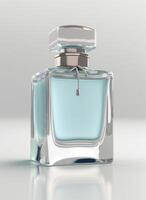 une haute classe bouteille de verre parfum avec lumière bleu liquide. aromatique parfum bouteilles sur blanc Contexte. beauté produit, cosmétique, parfum jour, fragrance journée ou parfum lancement un événement par ai généré photo