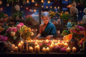 une Jeune Bouddha est assis dans une jardin avec une lotus et bougies. Contexte pour vesak Festival fête. vesak journée concept. vesak fête journée salutations par ai généré photo