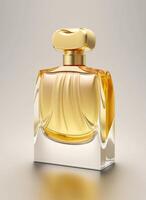 une haute classe bouteille de verre parfum avec Jaune liquide. aromatique parfum bouteilles sur blanc Contexte. pour beauté produit, cosmétique, parfum jour, fragrance journée ou parfum lancement un événement par ai généré photo