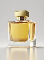 une haute classe bouteille de verre parfum avec Jaune liquide. aromatique parfum bouteilles sur blanc Contexte. pour beauté produit, cosmétique, parfum jour, fragrance journée ou parfum lancement un événement par ai généré photo