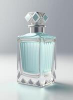 une haute classe bouteille de verre parfum avec lumière bleu liquide. aromatique parfum bouteilles sur blanc Contexte. beauté produit, cosmétique, parfum jour, fragrance journée ou parfum lancement un événement par ai généré photo