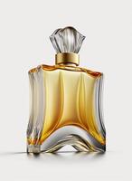 une haute classe bouteille de verre parfum avec Jaune liquide. aromatique parfum bouteilles sur blanc Contexte. pour beauté produit, cosmétique, parfum jour, fragrance journée ou parfum lancement un événement par ai généré photo