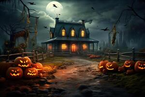 hanté maison sur Halloween fête concept. effrayant maison Halloween Contexte avec déserté bâtiment et citrouille. effrayant maison avec terrifiant bâtiment à nuit par ai généré photo