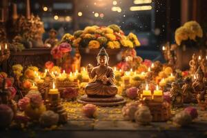 une Bouddha est assis dans une jardin avec une lotus et bougies. Contexte pour vesak Festival fête. vesak journée concept. vesak fête journée salutations par ai généré photo