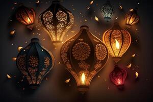 content diwali ou deepavali traditionnel Indien Festival avec lampe ou ciel lanterne. Indien hindou Festival de lumière avec lampe ou lumière. nuit ciel flottant lanternes pendant diwali fête par ai généré photo