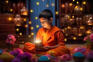 une Jeune Bouddha est assis dans une jardin avec une lotus et bougies. Contexte pour vesak Festival fête. vesak journée concept. vesak fête journée salutations par ai généré photo