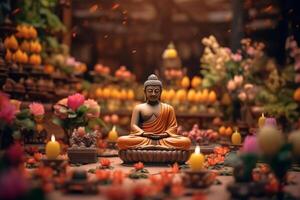 une Bouddha est assis dans une jardin avec une lotus et bougies. Contexte pour vesak Festival fête. vesak journée concept. vesak fête journée salutations par ai généré photo
