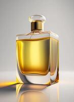 une haute classe bouteille de verre parfum avec Jaune liquide. aromatique parfum bouteilles sur blanc Contexte. pour beauté produit, cosmétique, parfum jour, fragrance journée ou parfum lancement un événement par ai généré photo