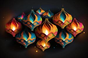 content diwali ou deepavali traditionnel Indien Festival avec lampe ou ciel lanterne. Indien hindou Festival de lumière avec lampe ou lumière. nuit ciel flottant lanternes pendant diwali fête par ai généré photo