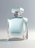 une haute classe bouteille de verre parfum avec lumière bleu liquide. aromatique parfum bouteilles sur blanc Contexte. beauté produit, cosmétique, parfum jour, fragrance journée ou parfum lancement un événement par ai généré photo