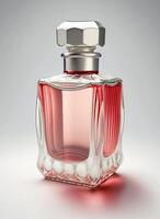 une haute classe bouteille de verre parfum avec lumière rouge liquide. aromatique parfum bouteilles sur blanc Contexte. beauté produit, cosmétique, parfum jour, fragrance journée ou parfum lancement un événement par ai généré photo