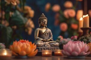 une Bouddha est assis dans une jardin avec une lotus et bougies. Contexte pour vesak Festival fête. vesak journée concept. vesak fête journée salutations par ai généré photo