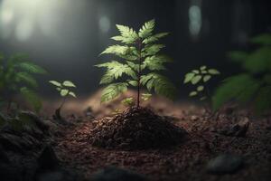 plante croissance dans ferme sol ou forêt avec lumière du soleil à jour. Jeune plante est croissance. monde Terre journée. monde environnement journée. Terre conservation, écologie ou global chauffage par ai généré photo