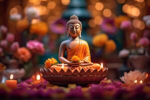 une Bouddha est assis dans une jardin avec une lotus et bougies. Contexte pour vesak Festival fête. vesak journée concept. vesak fête journée salutations par ai généré photo