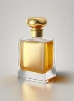 une haute classe bouteille de verre parfum avec Jaune liquide. aromatique parfum bouteilles sur blanc Contexte. pour beauté produit, cosmétique, parfum jour, fragrance journée ou parfum lancement un événement par ai généré photo