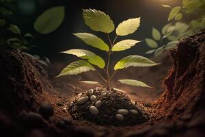 plante croissance dans ferme sol ou forêt avec lumière du soleil à jour. Jeune plante est croissance. monde Terre journée. monde environnement journée. Terre conservation, écologie ou global chauffage par ai généré photo