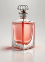 une haute classe bouteille de verre parfum avec lumière rouge liquide. aromatique parfum bouteilles sur blanc Contexte. beauté produit, cosmétique, parfum jour, fragrance journée ou parfum lancement un événement par ai généré photo