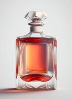 une haute classe bouteille de verre parfum avec lumière rouge liquide. aromatique parfum bouteilles sur blanc Contexte. beauté produit, cosmétique, parfum jour, fragrance journée ou parfum lancement un événement par ai généré photo