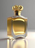 une haute classe bouteille de verre parfum avec Jaune liquide. aromatique parfum bouteilles sur blanc Contexte. pour beauté produit, cosmétique, parfum jour, fragrance journée ou parfum lancement un événement par ai généré photo