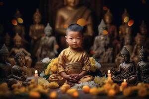 une Jeune Bouddha est assis dans une jardin avec une lotus et bougies. Contexte pour vesak Festival fête. vesak journée concept. vesak fête journée salutations par ai généré photo