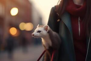 Urbain aventure une Jeune femme prise sa furet pour une marcher dans le ville ai généré photo