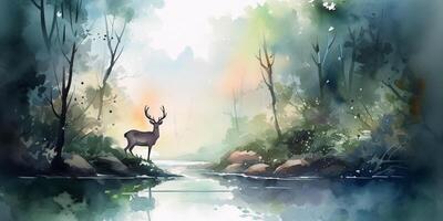 doux rencontre une aquarelle La peinture de une cerf par une rivière dans une forêt ai généré photo