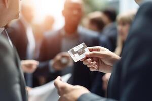 la mise en réseau à affaires conférence flou professionnels échanger affaires cartes ai généré photo